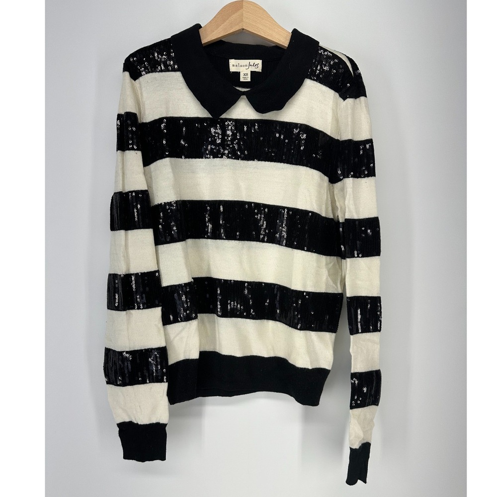 Maison Jules Sweater Womens XS Black White‎ Striped Sequin Peter Pan Collar Knit